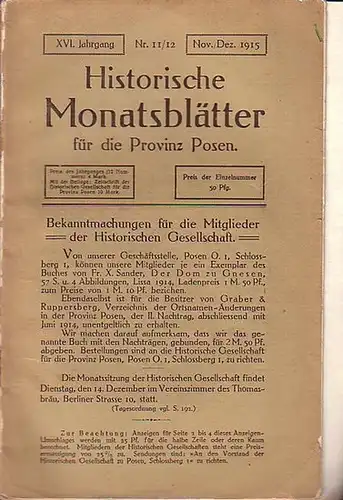 Prümers, Rodgero (Herausgeber): Historische Monatsblätter für die Provinz Posen. Jahrgang XVI, Nr. 11 / 12 (November / Dezember) 1915. Im Inhalt: K. Kassel 'Ein ärztliches.. 