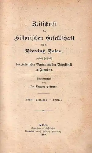 Posen.   Skladny, Andreas ( Autor).   Prümers, Rodgero (Hrsg.): Bibliotheks Katalog der Historischen Gesellschaft für die Provinz Posen. Bearbeitet von Andreas Skladny.. 