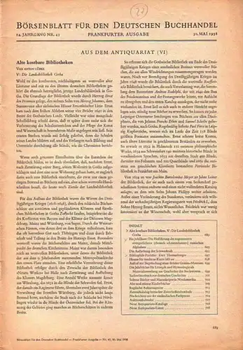 Lübke, A. / O.A. / Adolph, R. / u.a. - Börsenblatt für den Deutschen Buchhandel - Aus dem Antiquariat: Alte kostbare Bibliotheken. V: Die Landesbibliothek...