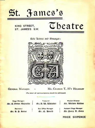 Program / Programm-Heft zu 'The Witness for the Defence'. A new play in four acts. The Scenery painted by Mr. W. Raphael. Aufführung im  'St. James´s Theatre', King Street, St. James's S.W