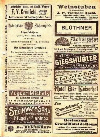 Programmzettel zu: Die lächerlichen Priciösen oder: Die romanmäßig witzigen Frauenzimmer. Lustspiel in einem Aufzug. Regie: Max Grube. Aufführung in Königliche Schauspiele, Schauspielhaus Berlin am 15. März 1901