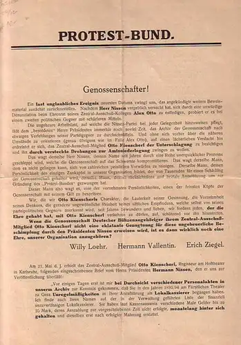 Protest-Bund: Artikel des Protest-Bundes betreff die Denunzierung Otto Keienscherl durch Hermann Nissen mit Abdruck von Briefen von Hermann Nissen, Otto Keinscherl, Alex Otto. 