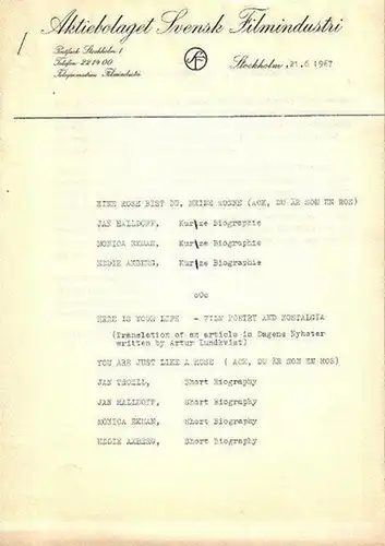 Pressematerial: Konvolut: Aktiebolaget Svensk Filmindustri vom 21. 6. 1967 mit Besprechungen zu 'Eine Rose bist Du, meine Wonne' (Ack, du är som en ros), und.. 
