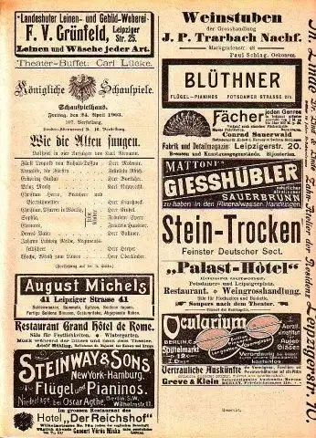 Programmzettel zu: Wie die Alten sungen. Lustspiel in vier Aufzügen. Mitwirkende: Herr Molenar, Fräulein Abich, Herr Boettcher, Karl Rupprecht, Herr Kraußneck, Herr Oberländer u.v.a. Aufführung.. 