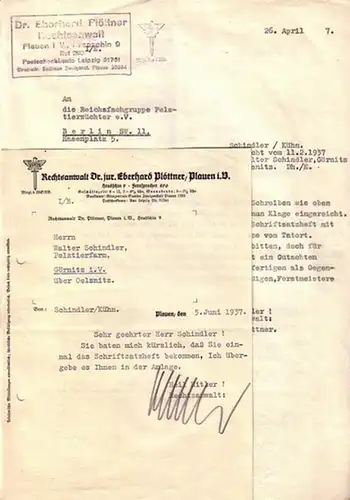 Schindler, Konvolut von 5 Schriftstücken aus dem Rechtsstreit Schindler gegen Zöphel, Plauen / Vogtland (Jagdschaden / Füchse) aus dem Jahr 1937