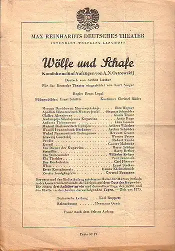 Besetzungs   Zettel zu: Wölfe und Schafe. Komödie in fünf Aufzügen. Deutsch von Arthur Luther. Für das deutsche Theater eingerichtet von Kurt Seeger. Regie:.. 