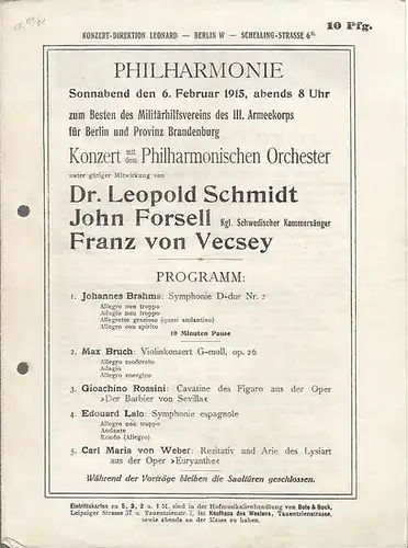Philharmonie. - Berlin: Konzert mit dem Philharmonischen Orchester am Sonnabend, den 6. Februar 1915 zum Besten des Militärhilfsvereins des III. Armeekorps für Berlin und Provinz...