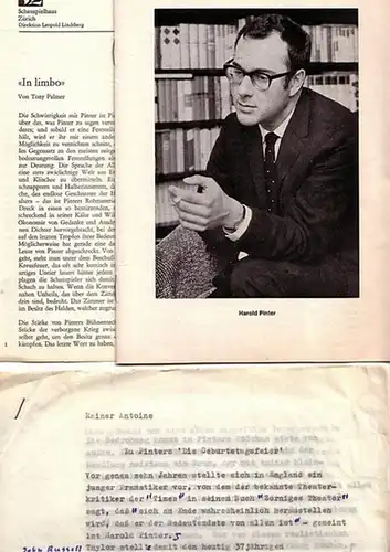 Pinter, Harold: "Die Geburtstagsfeier" (Inszenierungen an den Städtischen Bühnen Münster und Konstanz) und Manuskripte zu dieser und anderen Inszenierungenund Hörspielen Pinters an verschiedenen Bühnen. Konvolut von 8 Blättern und Heften. 