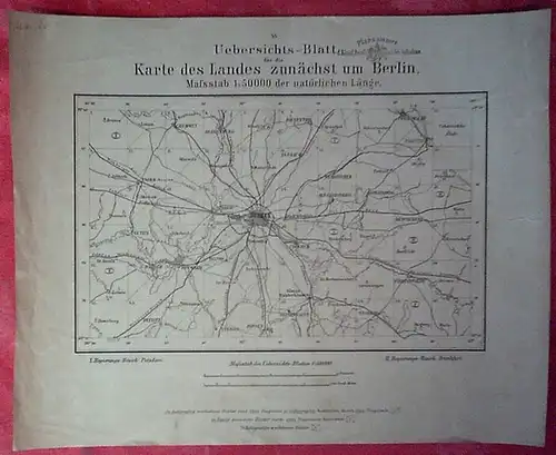 Potsdam: Karte des Landes zunächst um Berlin. Nr. 55: Uebersichts - Blatt  in 60 Segmenten [= 60 Karten]. Maßstab 1: 50 000 der natürlichen Länge. I: Regierungs - Bezirk Potsdam. II: Regierungs-Bezirk Frankfurt. 