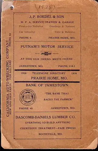 Prairie: Telephone Directory 1938 (A - Z). Prairie Home Telephone Compan. With rules. 