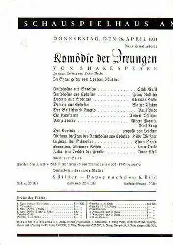 Besetzungszettel zu 'Komödie der Irrungen' von Shakespeare. In neuer Fassung von Hans Rothe. Inszenierung: Lothar Müthel. Mitwirkende: Erich Musil, Franz Nicklisch, Clemens Hasse, Walter Bluhm.. 