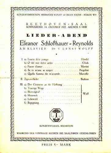 Programmzettel zum Lieder   Abend von Eleanor Schloßhauer   Reynolds im Beethoven   Saal, Berlin am 14. Oktober 1922. Am Flügel: V.. 