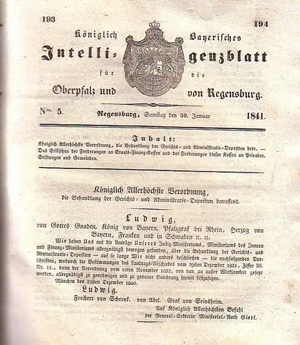 Regensburg: Königlich Bayerisches Intelligenzblatt für die Oberpfalz und von Regensburg. No. 5 vom Mittwoch, den 30. Januar 1841. Im Inhalt u.a.: Das Erlöschen der Forderungen...