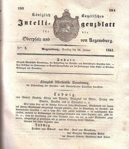 Regensburg: Königlich Bayerisches Intelligenzblatt für die Oberpfalz und von Regensburg. No. 5 vom Mittwoch, den 30. Januar 1841. Im Inhalt u.a.: Das Erlöschen der Forderungen.. 