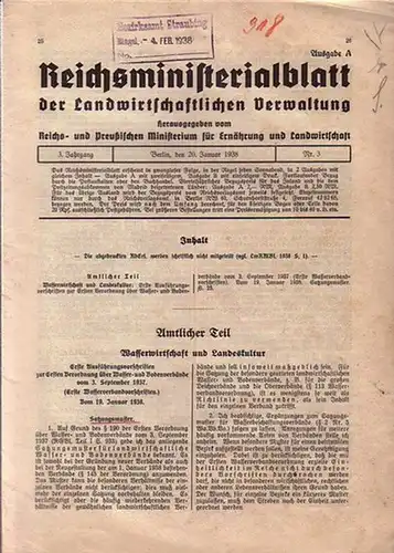 Reichsministerium, Reichsministerialblatt der Landwirtschaftlichen Verwaltung. Herausgegeben vom Reichs  und Preußischen Ministerium für Ernährung und Landwirtschaft.  Ausgabe A. Jahrgang 3, Nr. 3 vom 20.. 