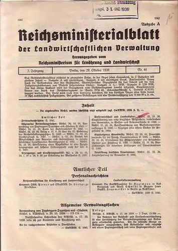 Reichsministerium, Reichsministerialblatt der Landwirtschaftlichen Verwaltung. Herausgegeben vom Reichsministerium für Ernährung und Landwirtschaft.  Ausgabe A. Jahrgang 3, Nr. 46 vom 29. Oktober 1938: Personalnachrichten, Allgemeine.. 