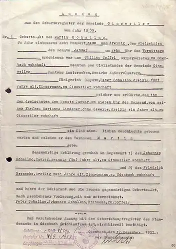 Schallmo, Martin, Auszug aus dem Geburtsregister der Gemeinde Ginsweiler von Jahr 1839. Geburt des Martin Schallmo am 13. Januar 1839. Register No: 469 / 1937. Gestempelt und unterzeichnet am 17. Dezember 1937 Standesamt  Odenbach / Pfalz