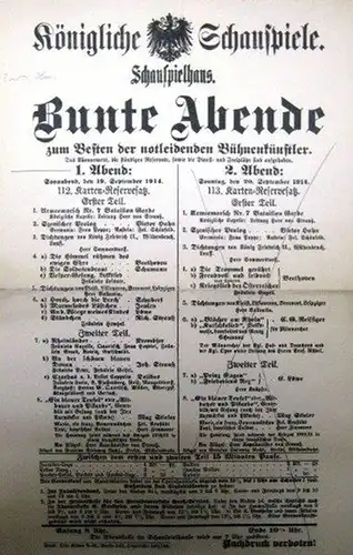 Besetzungs - Zettel zu: Bunte Abende zum Besten der notleidenden Bühnenkünstler zum 1., 2., 8. und 9. Abend am 19. und 20. September und am 12. und 16. Oktober 1914 auf 2 Zetteln. Darbietungen in 'Königliche Schauspiele' Schauspielhaus Berlin