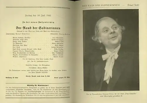 Besetzungszettel zu: Der Raub der Sabinerinnen. Schwank in vier Akten. Regie: Arnulf Schröder. Bühnenbild: Georg Heiler. Darsteller: Carl Graumann, Hertha von Hagen, Godela Orff, Albert.. 