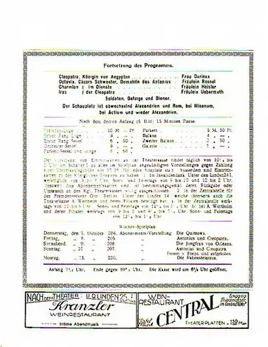 Königliche Schauspiele Berlin.   Shakespeare, William: Antonius und Cleopatra. Besetzungsliste zur Aufführung vom Mittwoch, den 6. Oktober 1915 / 203. Abonnements Vorstellung. Regie: Dr.. 