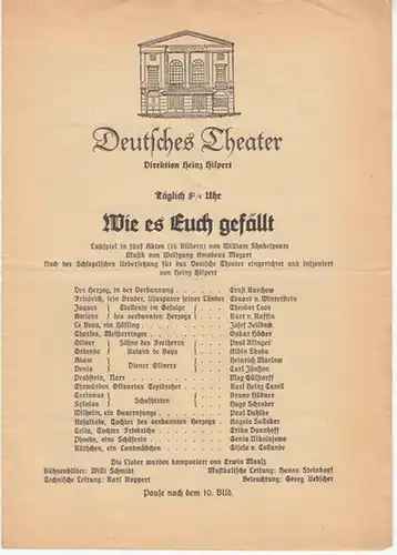 Programm Heft zu ' Wie es Euch gefällt '. Lustspiel in fünf Akten 16 Bildern). Nach der Schlegelschen Übersetzung eingerichtet. Musik von Wolfgang Amadeus Mozart.. 