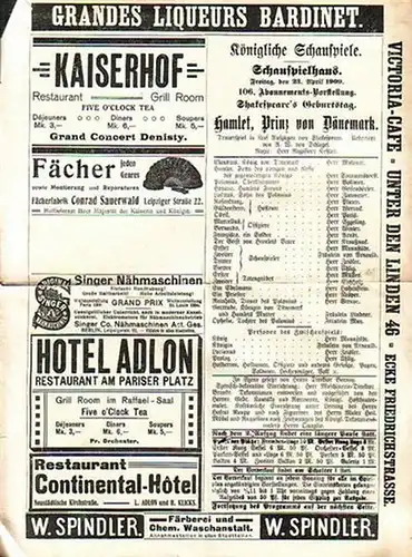 Programmzettel zu: Hamlet, Prinz von Dänemark. Trauerspiel in 5 Aufzügen. Uebersetzt von A. W. Schlegel. Regie: Herr Keßler. In Scene gesetzt von Direktor Barnay. Mitwirkende:.. 