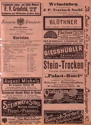 Programmzettel zu: Coriolan. Historisches Drama in fünf Aufzügen. Übersetzt von Schlegel und Tieck. Nach der Bühneneinrichtung von Wilhelm Oechelhäuser. Mitwirkende: Herr Matkowsky, Herr Arndt, Herr.. 