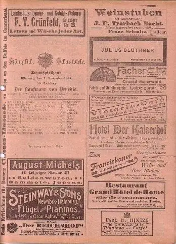 Programmzettel zu: Der Kaufmann von Venedig. Komödie in 5 Aufzügen. Übersetzt von August Wilhelm Schlegel. Mitwirkende: Herr Oberländer, Herr (Keine Vorschläge), Herr Arndt, Herr Ludwig.. 
