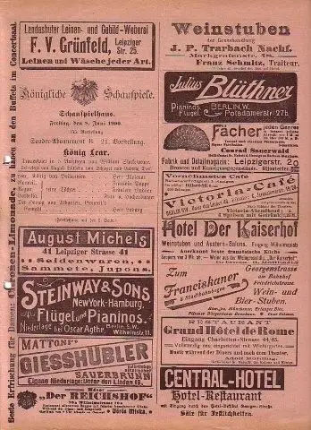 Programmzettel zu: König Lear. Trauerspiel in 5 Aufzügen. Uebersetzt von August Wilhelm Schlegel und Ludwig Tieck. Mitwirkende: Herr Molenar, Fräulein Poppe, Fräulein Lindner, Frau von.. 