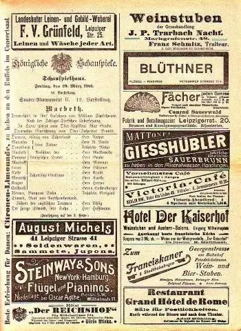 Programmzettel zu: Macbeth. Trauerspiel in fünf Aufzügen. Nach der Schlegel Tieckschen Uebersetzung. Regie: Max Grube. Mitwirkende: Fräulein Poppe, Fräulein Wachner, Fräulein Linder, Herr Nesper, Herr.. 