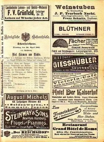Programmzettel zu: Viel Lärm um Nichts. Lustspiel in 5 Aufzügen. Übersetzt von August Wilhelm Schlegel und Ludwig Tieck. Mitwirkende: Herr Keßler, Herr Molenar, Herr Grube.. 