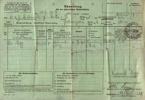 Stadt Regensburg, Abmeldung bei der polizeilichen Meldebehörde des Schuhmachergehilfen Raimund Kopp, geb. 11.02.1924