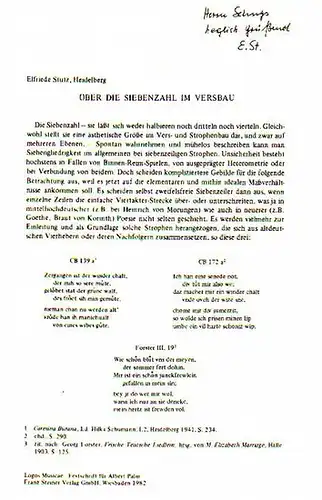 Stutz, Elfriede: Über die Siebenzahl im Versbau. Aus: Logos Musicae - Festschrift für Albert Palm. 