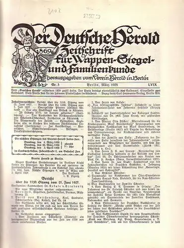 Verein Herold (Hrsg). - G. Adolf Closs: Der Deutsche Herold. Zeitschrift für Wappen-, Siegel- und Familienkunde. Nr. 3; März 1928. LVIX. Jahrgang. 