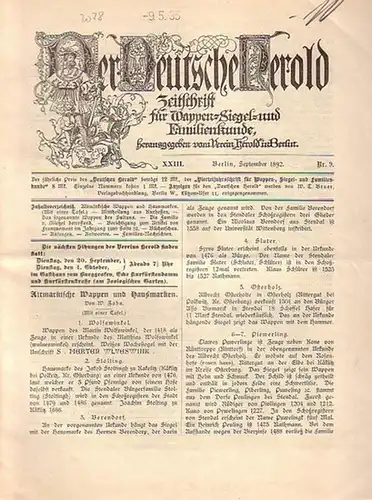 Verein Herold (Hrsg). - G. Adolf Closs: Der Deutsche Herold. Zeitschrift für Wappen-, Siegel- und Familienkunde. Nr. 9; September 1892. XXIII. Jahrgang. 