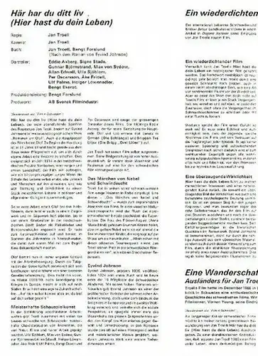 Troell, Jan (Regie)  und Halldoff, Jan (Regie): Konvolut: Jan Troell (Regie)   Programmheft zu 'Här har du ditt liv' (Hier hast du dein.. 