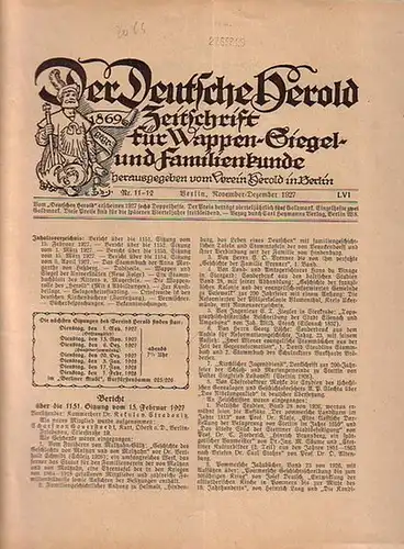 Verein Herold (Hrsg). - G. Adolf Closs: Der Deutsche Herold. Zeitschrift für Wappen-, Siegel- und Familienkunde. Nr. 11-12; November - Dezember 1927. LVI. Jahrgang. 