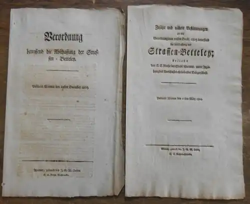 Wismar.   Verordnung.   J. C. F. Walter (Stadt Secrtetaire), 2 Teile. 1) Verordnung betreffend die Abschaffung der Strassen   Betteley (Straßenbettelei).. 