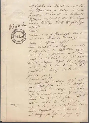 Uffhofen (früher Rheinhessen, jetzt Rheinland-Pfalz). - Ludwig Hernsheim in Mainz. - Philipp Schott. - Johann Heinrich Schweitzer: Schriftstück zum Prozeß um eine Wassermühle. Handschrift in Tinte auf Papier. 