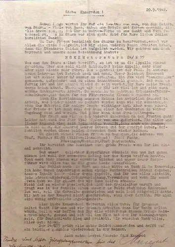 Weiden, Maschinegeschriebener Brief vom 20. 9. 1942: 'Liebe Kameraden!: u.a. Mitteilung darüber, dass die Standarte Weiden aufgelöst und nun nach Bayreuth gehört mit der neuen...