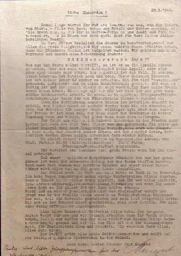 Weiden, Maschinegeschriebener Brief vom 20. 9. 1942: 'Liebe Kameraden!: u.a. Mitteilung darüber, dass die Standarte Weiden aufgelöst und nun nach Bayreuth gehört mit der neuen.. 