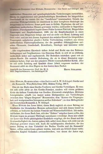 Wentzlaff-Eggebert, F.W. - Höfler, Otto: Buchbesprechung zu: Otto Höfler, Homunculus  - eine Satire auf A.W. Schlegel. Goethe und die Romantik. Wien, Köln, Graz, Böhlau-Verlag 1972. 366 S. Sonderdruck. 