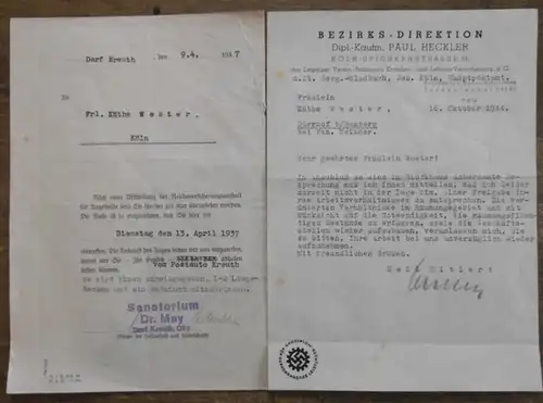 Wester, Käthe in Köln und Dürrhof b. Bamberg.   Kreuth.   Bezirksdirektion Paul Heckler, Konvolut von zwei Zeitdokumenten: 1) Schreiben des Sanatoriums Dr.. 