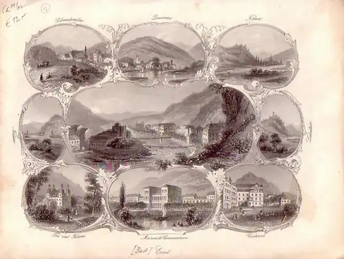 Ems [Bad Ems]: Stahlstich-Gesamtansicht, umgeben von 8 kleineren Ansichten (Landschaften und Gebäude). 