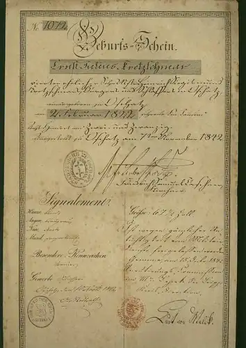 Oschatz. - Kretzschmer, Geburts-Schein, Signalement und Freistellungsbescheid vom Militärdienst für Ernst Julius Kretzschmer aus Oschatz