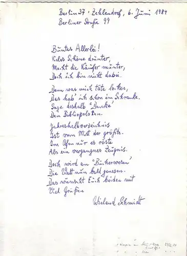 Schmidt, Wieland, Buntes Allerlei! Handschriftliches Gedicht vom 6. Juni 1984