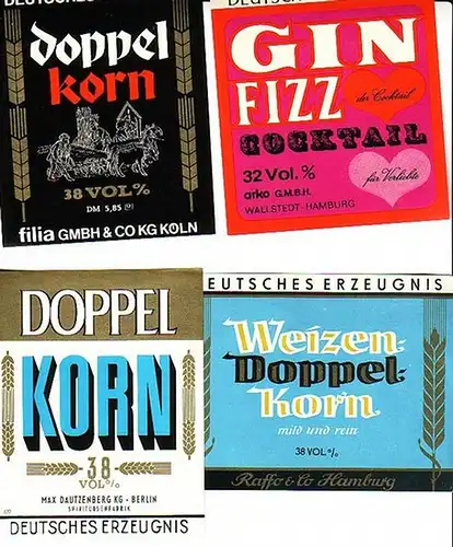 VEB Bärensiegel, Berlin-Adlershof u.a: 20 Flaschenetiketten: 11 Bärensiegel Berlin-Adlershof; 4 Konsum Melde Cottbus; 1 VEB Lichtenberger Kornbrennerei; 1 Raffo & Co, Hamburg; 1 Max Dautzenberg...
