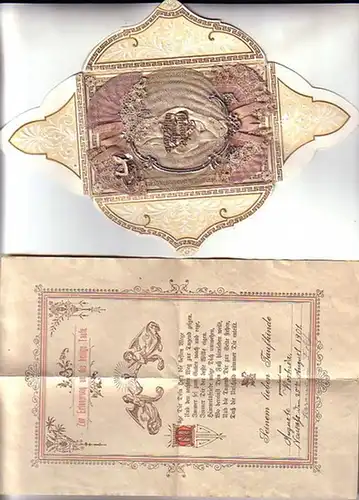 Oblate: Briefchen mit vorgedrucktem Gedicht zur Erinnerung an die heilige Taufe, 25. August 1901. Dabei Umschlag mit aufwändigem, aufgesetzten Schmuck in rosa und weißer Spitze...