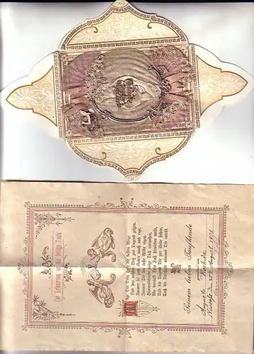 Oblate: Briefchen mit vorgedrucktem Gedicht zur Erinnerung an die heilige Taufe, 25. August 1901. Dabei Umschlag mit aufwändigem, aufgesetzten Schmuck in rosa und weißer Spitze.. 