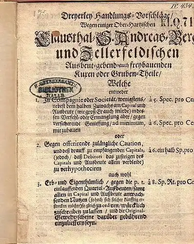 Niedersachsen.   Clausthal   Zellerfeld.   Sankt Andreasberg: Dreyerley Handlungs   Vorschläge / Wegen einiger Ober Hartzischen Clausthal   S.. 